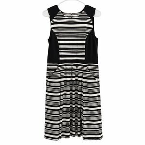 LOFT Black & White Striped Sleeveless Fit-and-Flare Dress